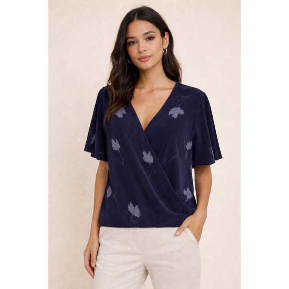 ASTR The Label Tops - ASTR The Label Navy Blue Floral Pleated Surplice Wrap Top M
